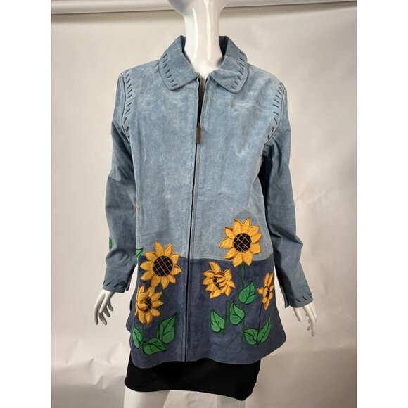 The Quacker Factory Womens Medium Blue Leather Jacket With Sunflower Embroidery - Picture 11 of 16